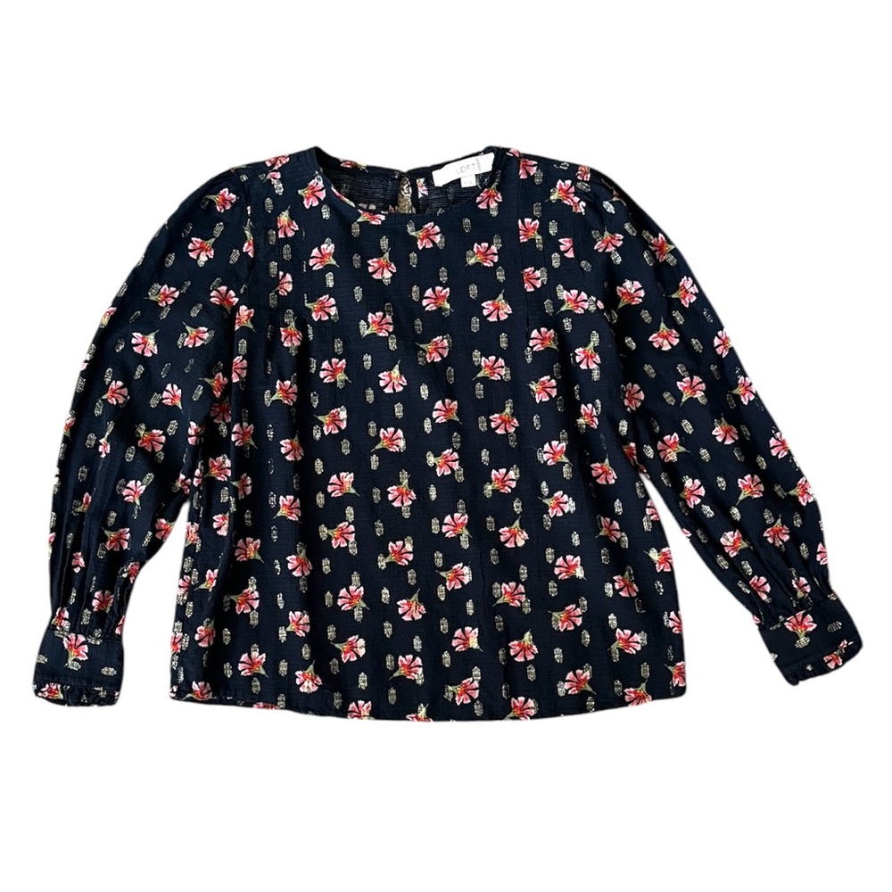 Loft Black Floral Metallic Threading Long Sleeve High Collar Women's Top Size XS